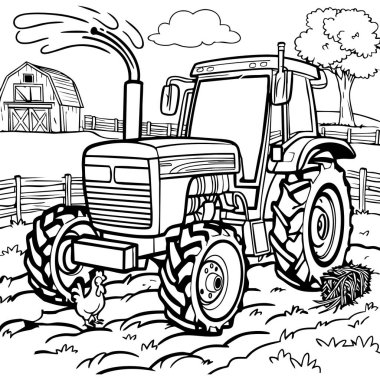 Arka planda bir ahır, tavuk, saman ve kırsal alanda traktör bulunan çiftlik temalı bir renk sayfası..