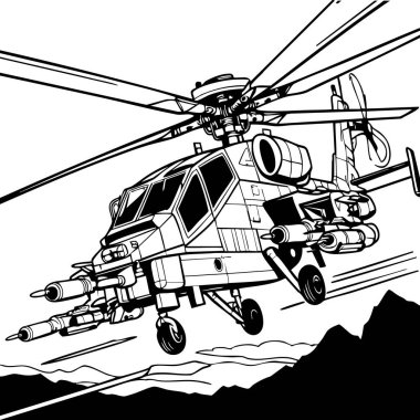 Şiddetli bir saldırı helikopteri dağların üzerinden uçuyor. Bu yoğun renkli sayfada silahlar, pervaneler ve taktiksel ekipmanlarla detaylandırılmış..