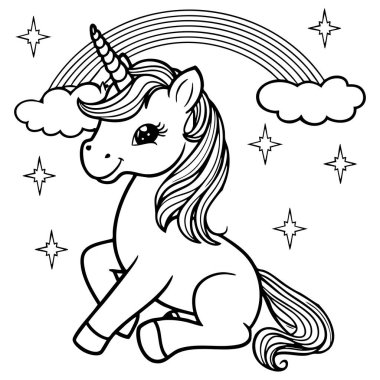 Gökkuşağı ve arka planda yıldızlar olan mutlu bir tek boynuzlu at, çocuklar için büyülü renklendirme eğlencesi yaratmak için tasarlandı..