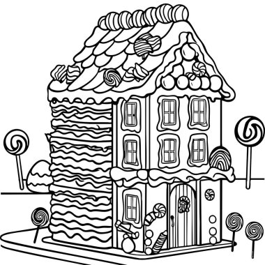 Bu boyama sayfasında şekerler, lolipoplar ve yetişkinlerde yaratıcılığın kıvılcımlanmasına neden olan buzlarla dolu sihirli bir zencefilli kurabiye evi var..
