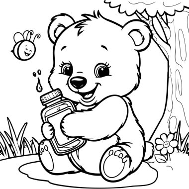 Tatlı bir ayı, elinde bir kavanoz bal tutarken huzur içinde oturur. Ağacın altında gülümserken. Bu büyüleyici renkli sayfada bir arı ile..