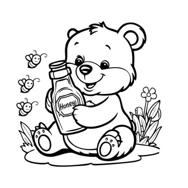 Bu sevimli renkli sayfa, doğada vızıldayan arılar ve çiçeklerle çevriliyken bir şişe balı mutlulukla kucaklayan sevimli bir ayıyı gösteriyor..