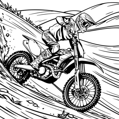 Bu dinamik renkli sayfa engebeli arazide yarışan bir motosiklet sürücüsünü yakalıyor. Motosiklet meraklıları ve maceraperest çocuklar için ideal..