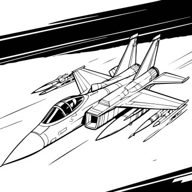 Bu yüksek enerjili boyama sayfasında modern bir savaş uçağı uçuyor. Füzelerle donatılmış ve gökyüzünde harekete geçmeye hazır..