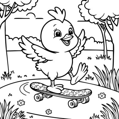 Bu eğlenceli renkli sayfa neşeli küçük bir civcivin neşeli ve güneşli bir doğa ortamında kaykay üzerinde dengede durduğunu gösteriyor..