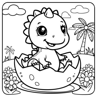 Bu sevimli renkli sayfa, yumurtasından yeni çıkan gülümseyen bir bebek dinozoru gösteriyor. Etrafı çiçek ve palmiye ağaçlarıyla çevrili..
