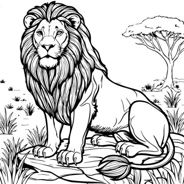 Bu gerçekçi renkli sayfa, açık Afrika ovasında kayanın üzerinde akmakta olan yeleli güçlü bir erkek aslan yakalıyor..