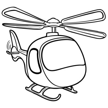 Bu boyama sayfası, yüksek ve kalkışa hazır detaylı pervaneleri olan çizgi film tarzı bir helikopteri gösteriyor. Uçan araçlardan etkilenen çocuklar için mükemmel..