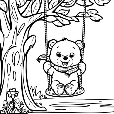 Bir salıncakta sallanan küçük sevimli bir ayı gölgenin altında sevimli hayvanları seven çocuklar için ideal bir gülümseme.