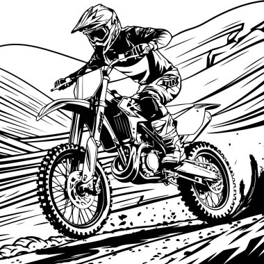 Bu renkli sayfada motorsporu hayranları ve macera aşıkları için mükemmel olan zorlu dağ arazisinde yarışan bir motosiklet sürücüsünün aksiyon dolu bir sahnesi var..