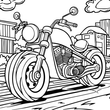 Arka planda bulutlar ve binalar olan bir caddeye park edilmiş klasik helikopter stili bir motosikletin yüksek detaylı boyama sayfası..
