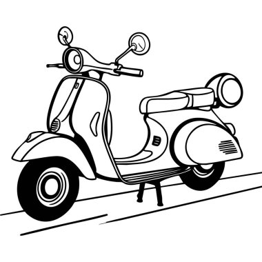 Eski tarz bir scooter 'ı tasvir eden nostaljik bir boyama sayfası yol kenarına park edilmiş, sakin bir sürüş için hazır..