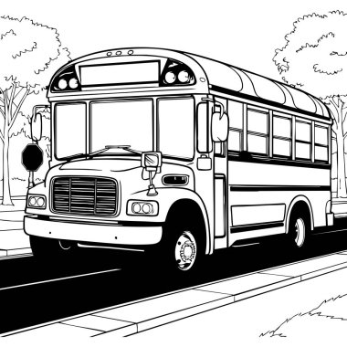 Çocukların ulaşım temalarını keşfetmesi için mükemmel olan geleneksel bir okul otobüsünün ayrıntılı boyama sayfası..
