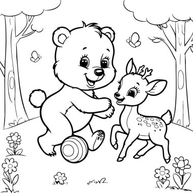 Oyuncak ayı ve bebek geyikli sevimli orman sahnesi, anaokulları ve doğa temalı renklendirme eğlenceleri için harika..