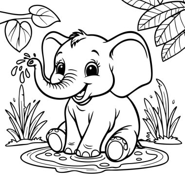 Neşeli bir bebek fil, çocuklar için ilgi çekici ve eğlenceli boyama sayfasıyla su sıçratırken bir gölette oynuyor.