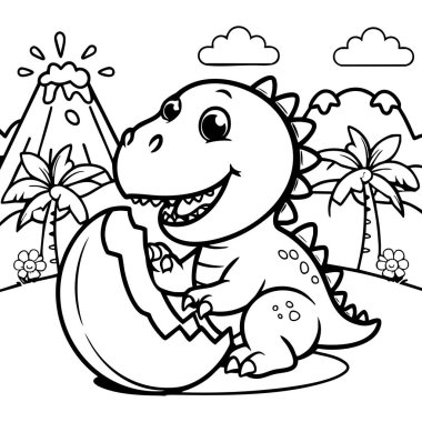 Eğlenceli bir tarih öncesi ortamda volkanlar ve palmiye ağaçlarıyla yumurtadan çıkan neşeli bir bebek dinozor..