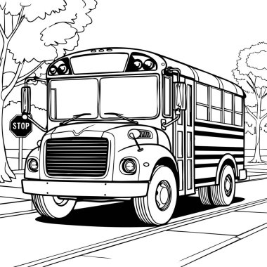 Ağaçlarla çevrili, dur işaretinin yanında bekleyen klasik bir okul otobüsü. Bu boyama sayfası bir okul gününün tanıdık bir sahnesini yakalar.
