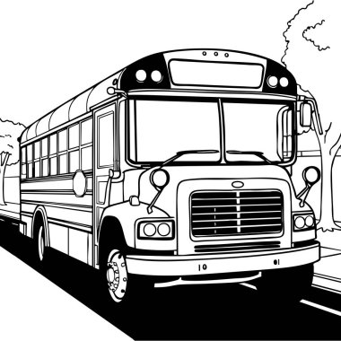 Gerçekçi ve detaylı bir okul otobüsü yolda bekliyor. Çocukların boyama yoluyla toplu taşımayı öğrenmesi için mükemmel..
