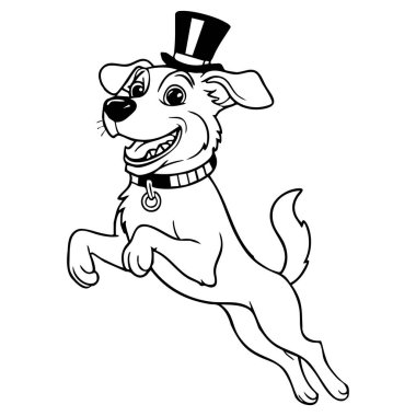 Şık bir şapka giyen mutlu ve enerjik bir köpek eğlenceli ve yaratıcı renklendirme seansları için heyecan verici bir şekilde atlıyor.