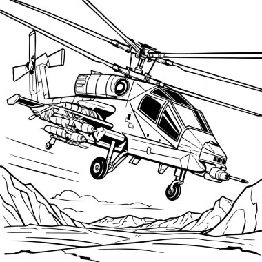 Bu renklendirme sayfasında güçlü bir saldırı helikopteri gökyüzünde uçuyor, tamamen silahlı ve dağlık bir arazide uçuyor..