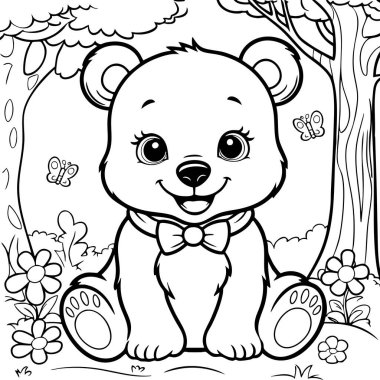 Bu boyama sayfasında kocaman gözleri ve papyonlu sevimli bir ayı var. Kelebekler ve çiçeklerle dolu güzel bir ormanda mutlu bir şekilde oturuyor..