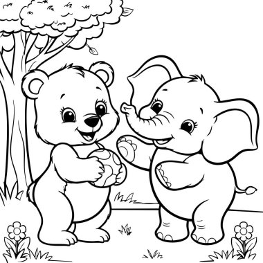 Bu eğlenceli boyama sayfasında neşeli bir ayı ve neşeli bir fil, ağaçlar ve çiçeklerle dolu bir ortamda topla oynarken birlikte bir anı paylaşıyorlar..