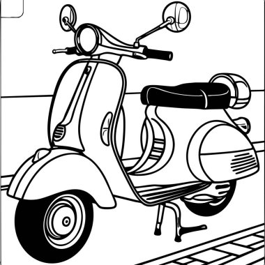 Renklendirme, şık kıvrımlar ve aynalar için klasik bir klasik mobilet çizimi, geçmişe dönük ulaşım ve düz kentsel sürüş hayranları için mükemmel.