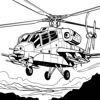 Şiddetli bir saldırı helikopteri gökyüzünde süzülüyor, silahlı ve hazır, askeri makineleri ve aksiyon dolu renkli eğlenceleri seven çocuklar için mükemmel..