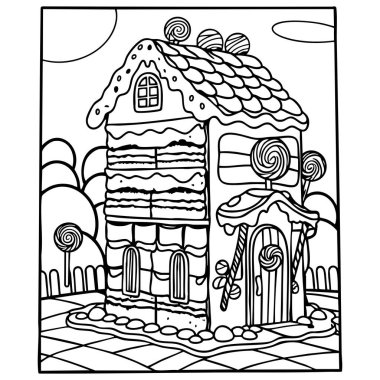 Bu renkli sayfada şekerleme lolipoplarla süslenmiş fantezi zencefilli kurabiye evi ve tatlı aşıklar ve hayal gücü için buz gibi mükemmel bir oyun var..