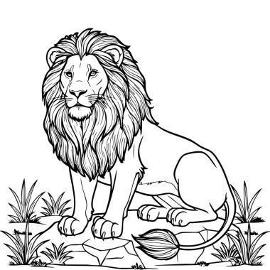 Güçlü ve asil bir aslan dalgalı yelesi ve yoğun gözleri olan bir kayanın üzerinde dinleniyor..