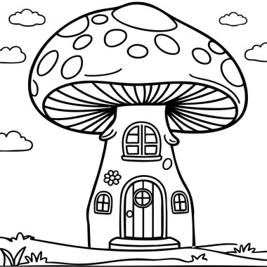 Rüya gibi çizgi film tarzında pencereleri ve kapıları olan sihirli mantar şekilli bir ev..