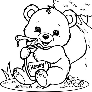 Sevimli bir bebek ayı ormanda bir ağacın altında bal şişesi tutuyor..