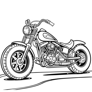 Motoru ve geniş lastikleri olan şık bir motosiklet tasarımı..