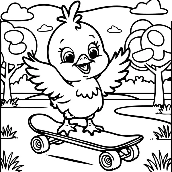 Bu eğlenceli boyama sayfasında parkta kaykay süren neşeli bir piliç var. Aksiyonu ve hayvanları seven çocuklar için mükemmel..