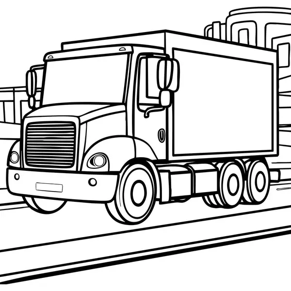 Bu boyama sayfasında büyük bir teslimat kamyonu var. Arka planda binalar var. Ulaşım ve araç aşıkları için mükemmel..