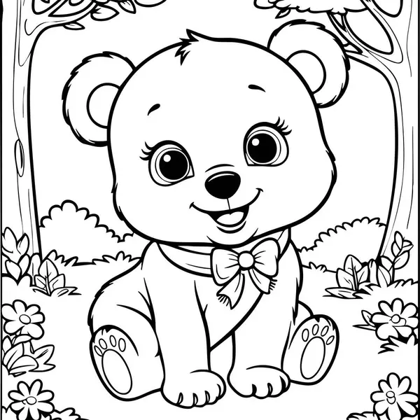 Çiçeklerle dolu bir ormanda oturan tatlı bebek ayı. Hayvanları ve doğa temalı renkli aktiviteleri seven çocuklar için mükemmel..