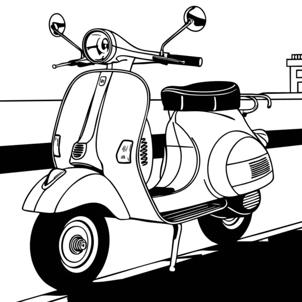 Caddeye park edilmiş klasik bir scooter 'ın ayrıntılı boyama sayfası, araçları ve şehir ulaşım temalarını seven çocuklar için ideal..