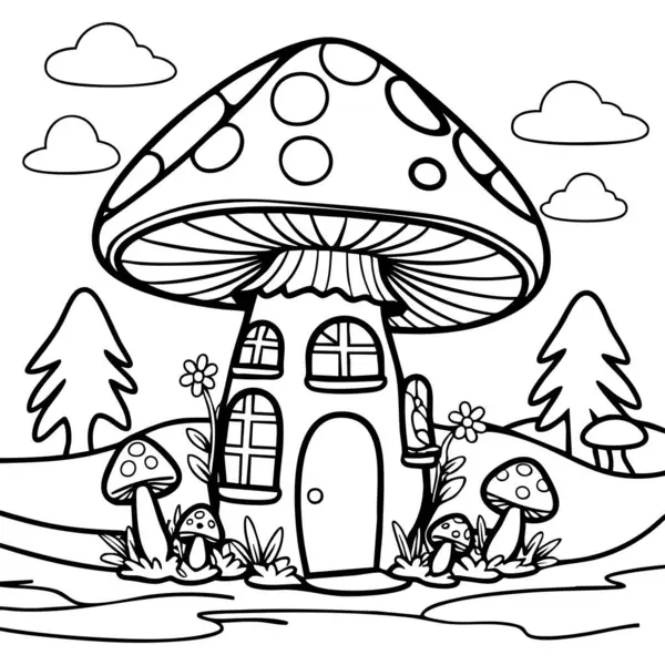 Bu boyama sayfasında sihirli bir ormanda şirin mantarlar, çiçekler ve ağaçlarla çevrili tuhaf mantar şekilli bir ev var..