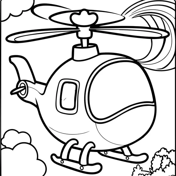 Çizgi film helikopterinin neşeli renkli bir sayfası dönen pervanelerle bulutların üzerinde uçuyor..