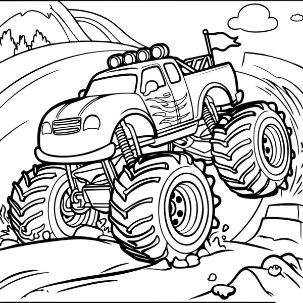 Bu boyama sayfası dev lastikleri olan güçlü bir canavar kamyonun kayalık tepeye tırmandığını gösteriyor. Aksiyon seven çocuklar için mükemmel..