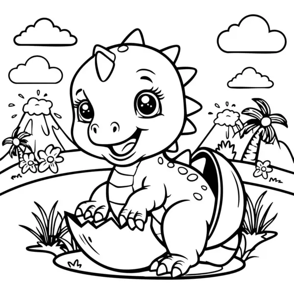 Bu sevimli renkli sayfa, tarih öncesi bir ortamda volkanlar ve tropikal bitkilerle yumurtadan çıkan mutlu bir bebek dinozoru gösteriyor..