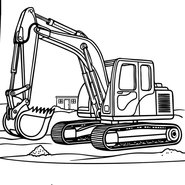 Bu renklendirme sayfası güçlü kolları ve rayları olan gerçekçi bir kazıcıyı gösteriyor, bir inşaat alanında harekete geçmeye hazır..