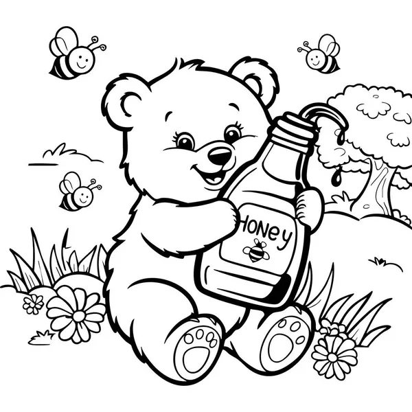 Tatlı küçük bir ayı, etrafında vızıldayan arılar, çiçekler ve huzurlu bir çayır varken büyük bir bal şişesine sevgiyle sarılır..