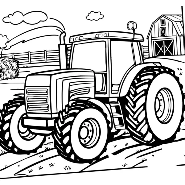 Büyük bir traktör bir ahırın yakınındaki tarlaları sürmeye hazır çocuklar için bu eğlenceli ve çiftlik temalı boyama sayfasında..