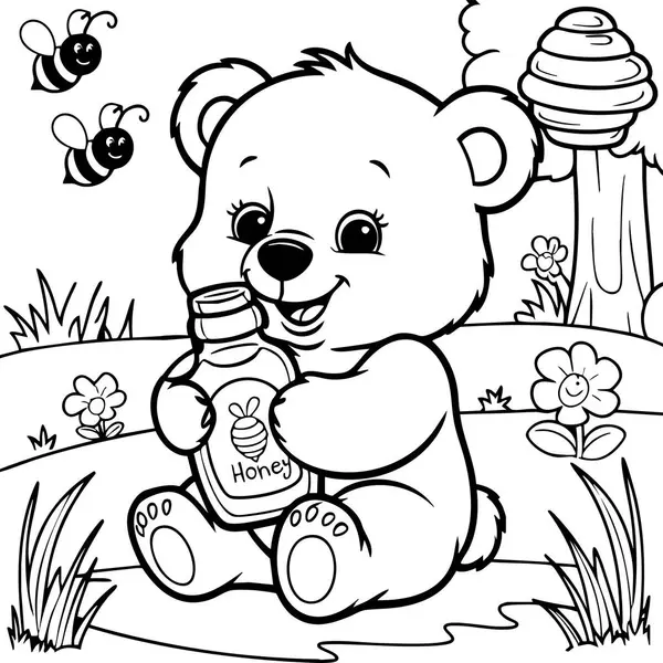 Sevimli bir ayı, parlak bir çayırda bal şişesiyle otururken arılar mutlu bir şekilde vızıldıyor ve yakınlarda çiçekler açıyor..