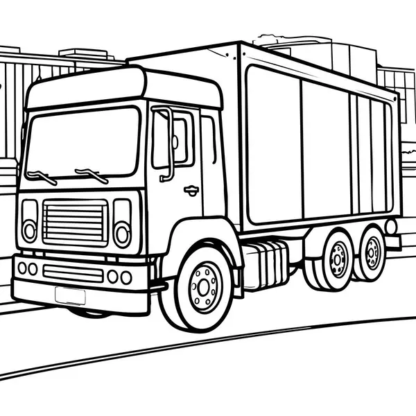 Şehre doğru giden büyük bir kargo kamyonu çocuklara eğlenceli renklendirme aktiviteleriyle ulaşımı öğretmek için idealdir..