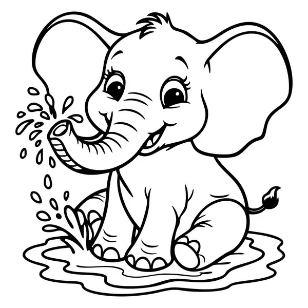 Yavru bir filin iç açıcı boyama sayfası neşeyle su sıçratıyor, hayvanları ve doğa sahnelerini seven çocuklar için harika..