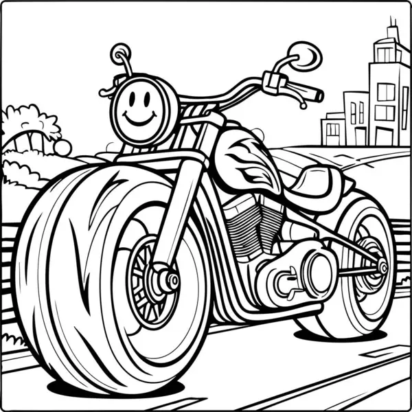 Dinamik ve eğlenceli bir motosiklet boyama sayfası. Farlarda mutlu bir yüz var. Eğlenceli gezintileri ve şehir manzarasını seven çocuklar için ideal..
