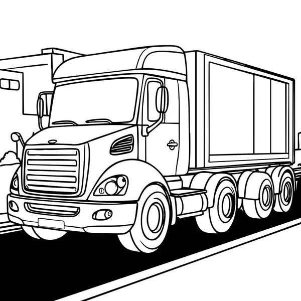 Şehir caddesindeki büyük bir kargo kamyonunun detaylı boyama sayfası. Kamyonları ve büyük araçları seven çocuklar için mükemmel..