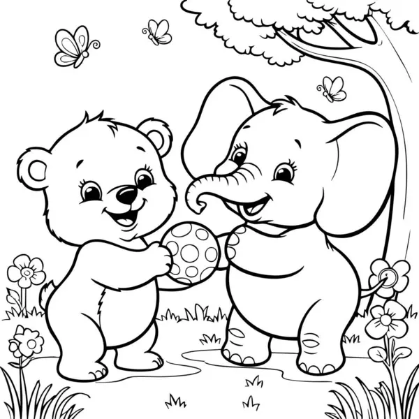 Bu büyüleyici renkli sayfa çiçek bahçesinde top oynayan sevimli bir ayı ve fili gösteriyor. Çocuklar için arkadaşlığı ve açık hava eğlencesini teşvik ediyor..